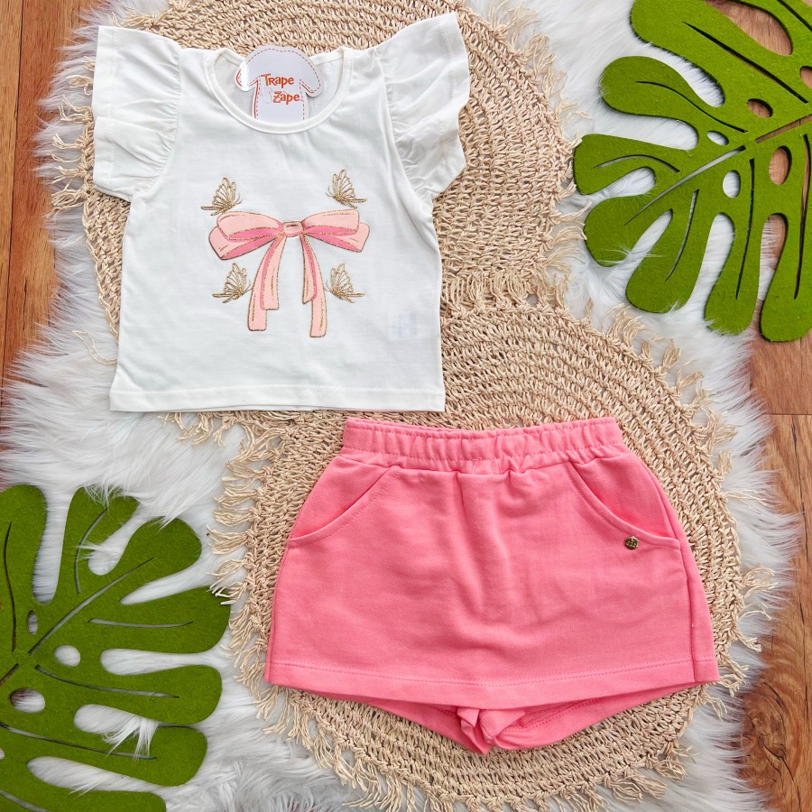 Conj. Blusa Laço com Borboletas e Short Saia - Off White e Rose